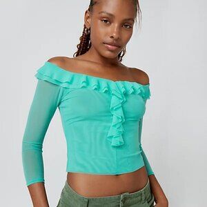 NWT Urban Outfitters Rachel Y2K Style Green Mesh Ruffle Top